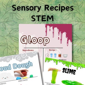 May include: A printable worksheet with instructions for making slime and cloud dough. The slime recipe calls for PVA glue, bicarbonate of soda, food coloring, and contact lens solution. The cloud dough recipe calls for lotion, food coloring, and cornstarch.