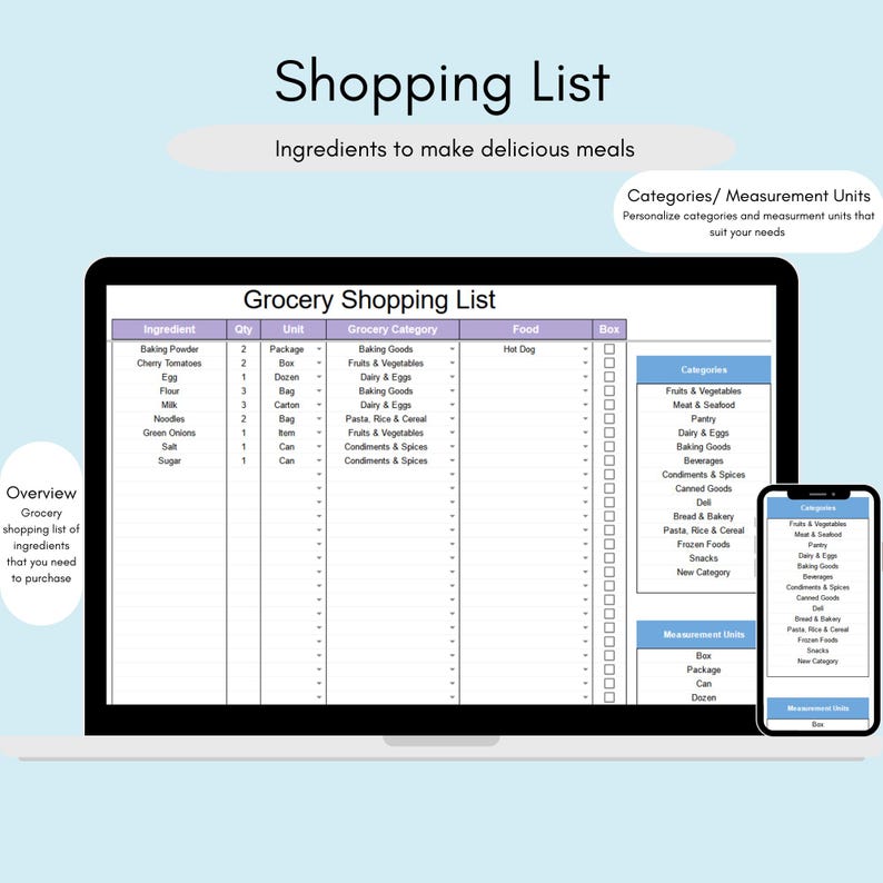 Digital Meal Planner Template for Google Sheets, Editable Weekly Meal