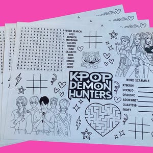 Afdrukbaar activiteitenblad / Kpop-demonenjagers / Sajaboys / Digitale download / Woord zoeken / Woord scramble / Kleurplaat