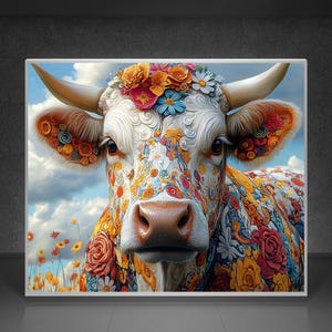 Blumen Kuh | Digitaler Kunstdruck, Wandkunst, KI-generiert, KI-Kunst, digitaler Download, Wohnkultur, druckbar