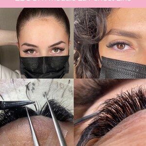 Op de afbeelding: Een collage van vier afbeeldingen die wimperextensions laten zien. De afbeelding linksboven toont een vrouw die een zwart gezichtsmasker draagt met haar ogen open. De afbeelding rechtsboven toont een vrouw die een zwart gezichtsmasker draagt met haar ogen dicht. De afbeelding linksonder toont een close-up van een pincet dat een wimperextensie vasthoudt. De afbeelding rechtsonder toont een close-up van het oog van een vrouw met wimperextensions.
