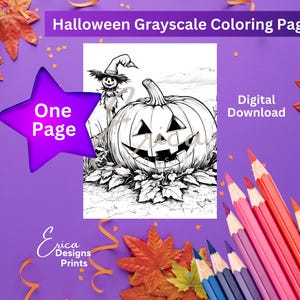 Halloween Pumpkin Coloring Page | Halloween Printable | Pumpkin and Scarecrow Digital Coloring Page | Halloween Grayscale Coloring Page