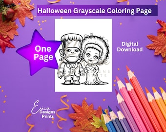 Monster and Bride Halloween Coloring Page - Grayscale Illustration (PDF)