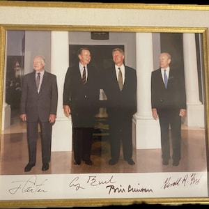 Autographed Photo Signed by 4 U.S. Presidents – Ford, Carter, Bush Sr., Clinton – Framed Political Memorabilia – Rare Historic Collectible
