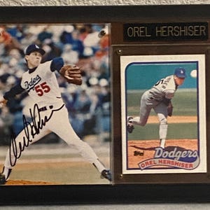 Targa autografata con foto della leggenda dei Los Angeles Dodgers Orel Hershiser – Carta da baseball del 1989 e targhetta con nome inciso – Oggetto da collezione dei Los Angeles Dodgers
