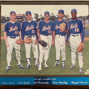1989 New York Mets Starting Rotation Autographed Plaque – Cone, Ojeda, Sid Fernandez, Darling, Doc Gooden – Framed - NY Mets Collectible