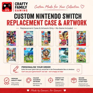 Puede incluir: Funda y arte de repuesto personalizados para Nintendo Switch. La imagen muestra varias carátulas de juegos, incluyendo "Pokemon Arceus" y "Super Mario Odyssey". El texto dice "Custom Made for Your Collection" y "Personalise Your Order".