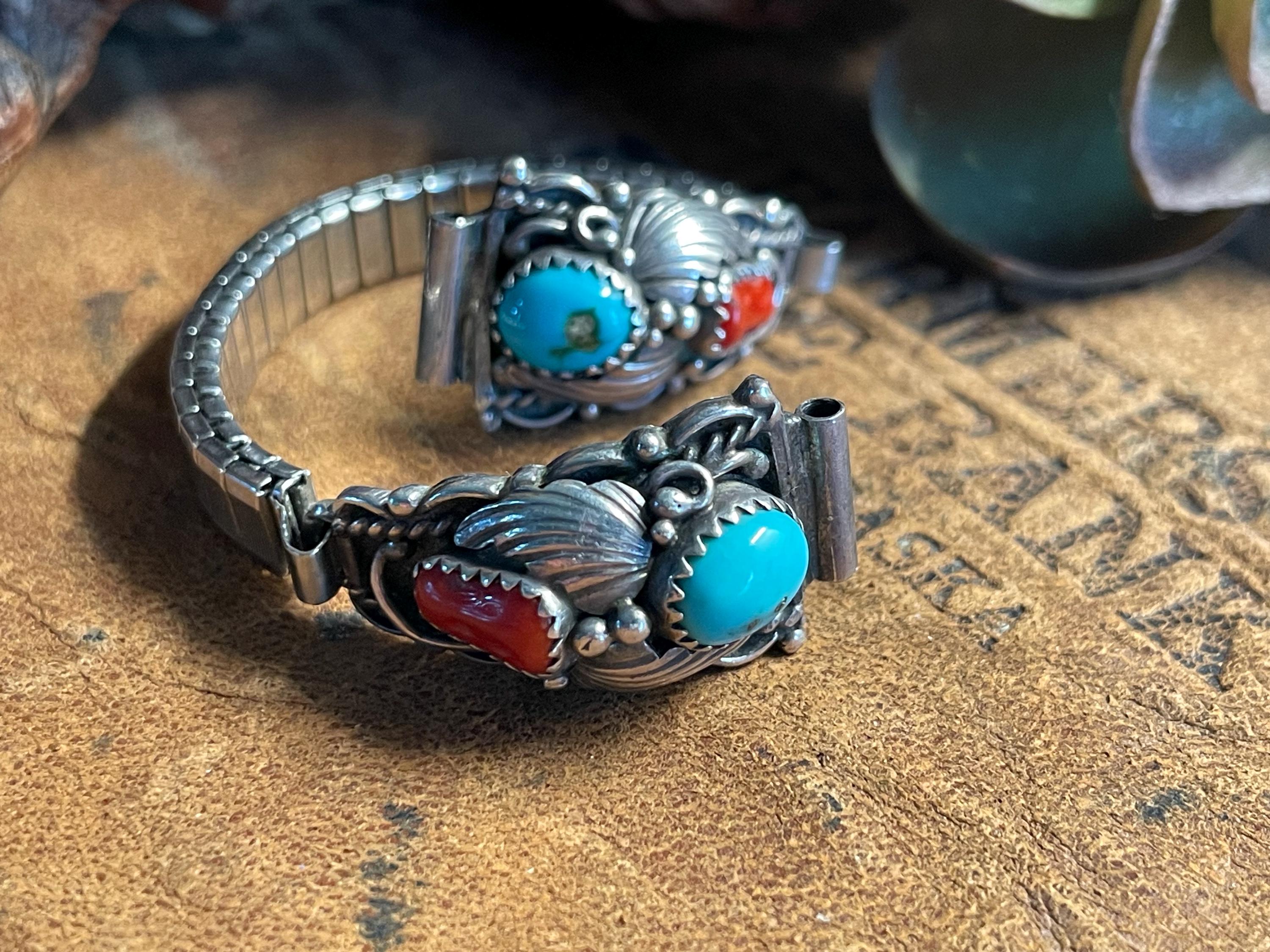 Native Squash Blossom Sterling  Turquoise Coral Watch Tips Native Squash Blossom Sterling Turquoise Coral Watch Tips main image 2