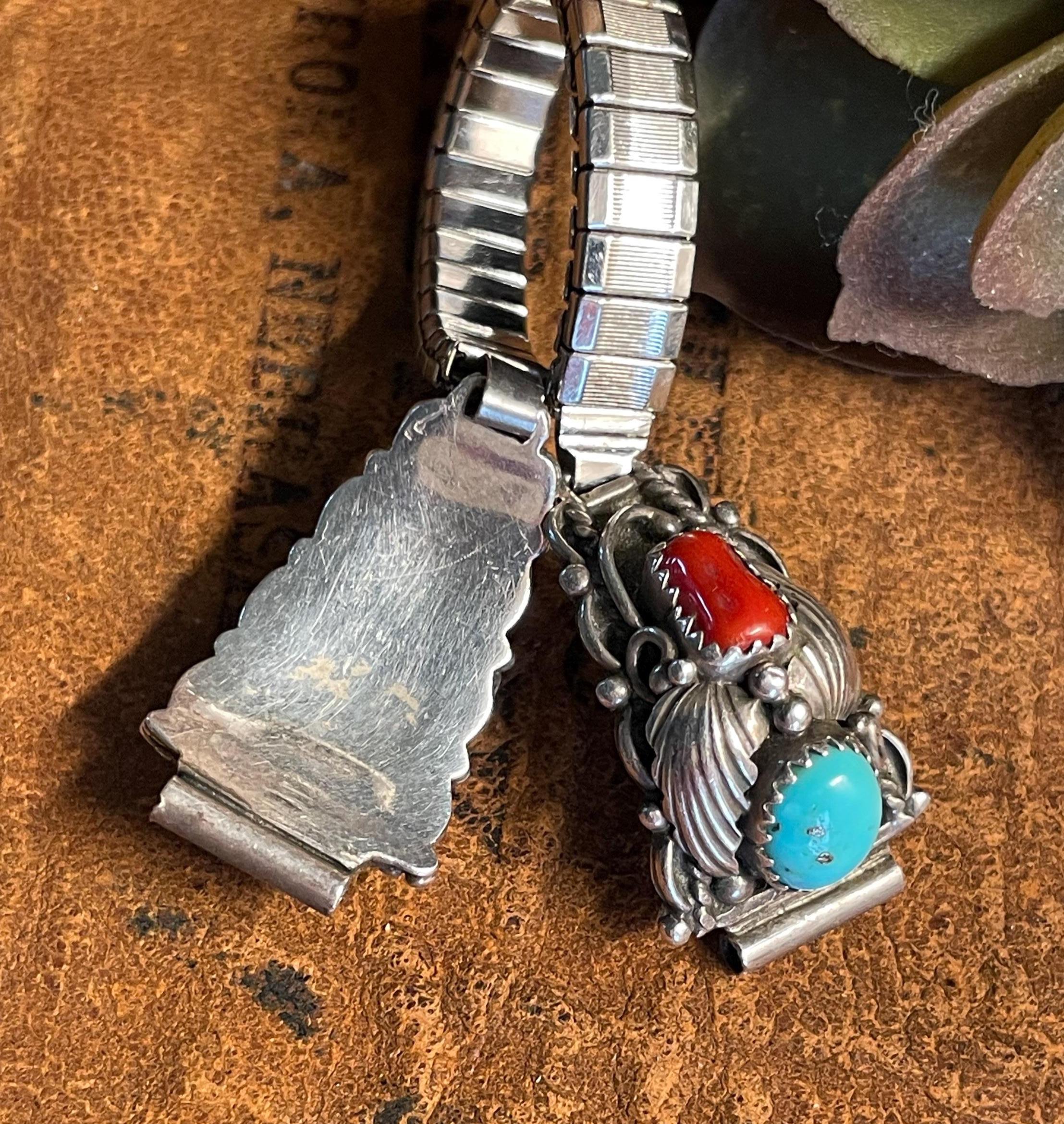 Native Squash Blossom Sterling  Turquoise Coral Watch Tips Native Squash Blossom Sterling Turquoise Coral Watch Tips main image 4