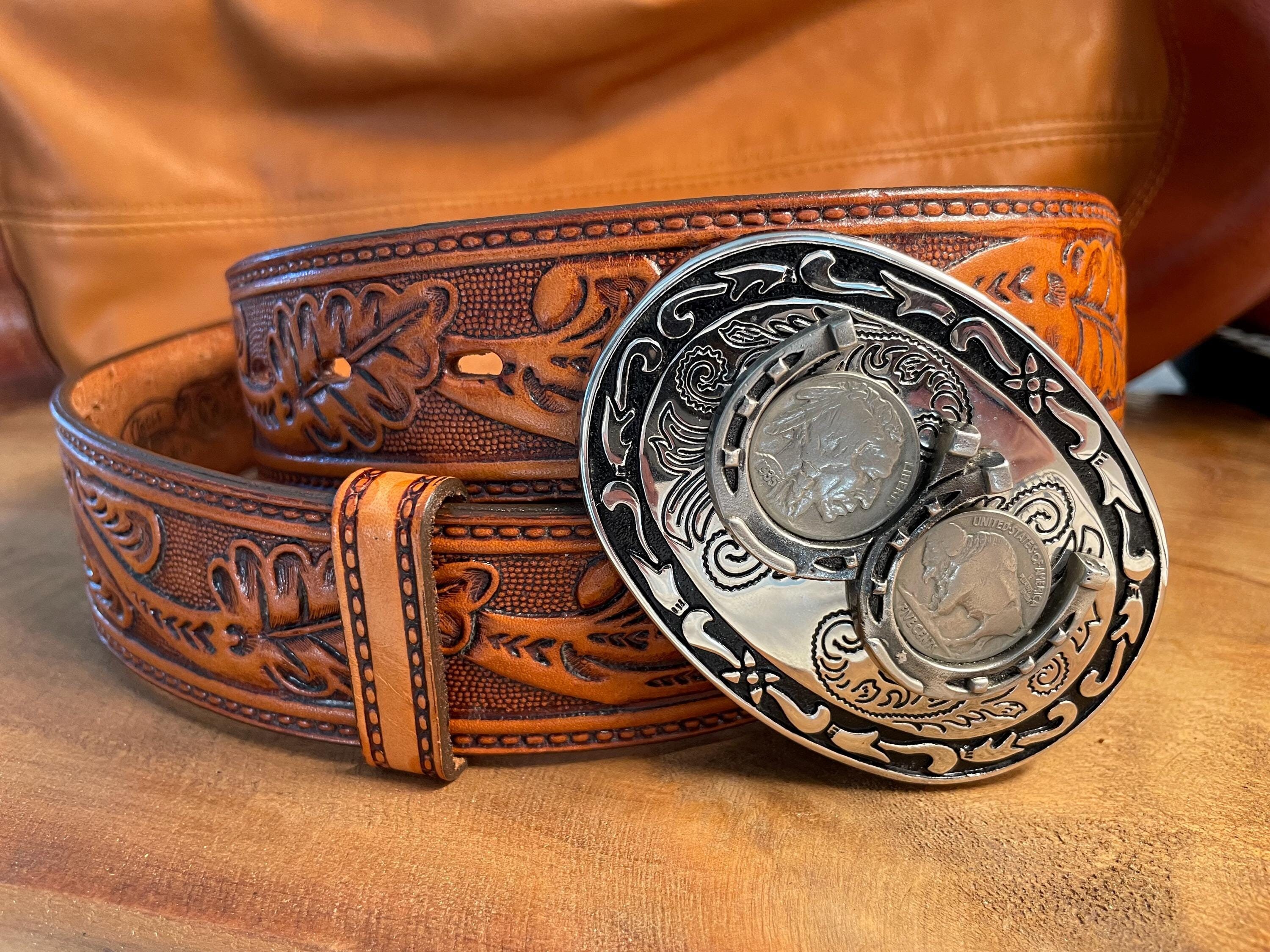 Vintage Western Buffalo Nickel Leather Belt – Inlaid Southwestern Pattern Vintage Handmade Southwest BUFFALO/INDIAN Head Nickel Belt  main image 4