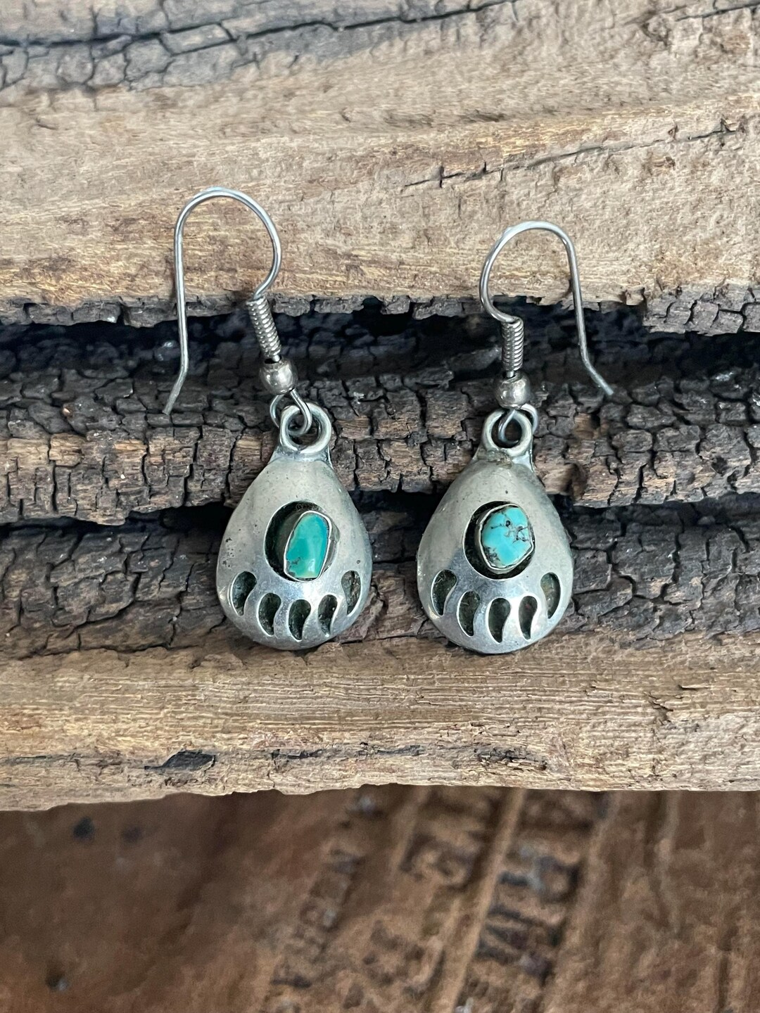 Vintage Sterling Silver Navajo Shadow Box Bear Paw Turquoise Dangle ...