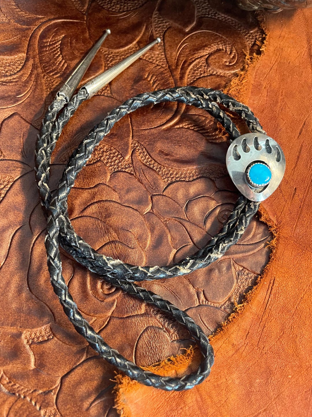 Vintage SJ Navajo Bear Paw Turquoise and Sterling Silver Shadowbox Bolo ...