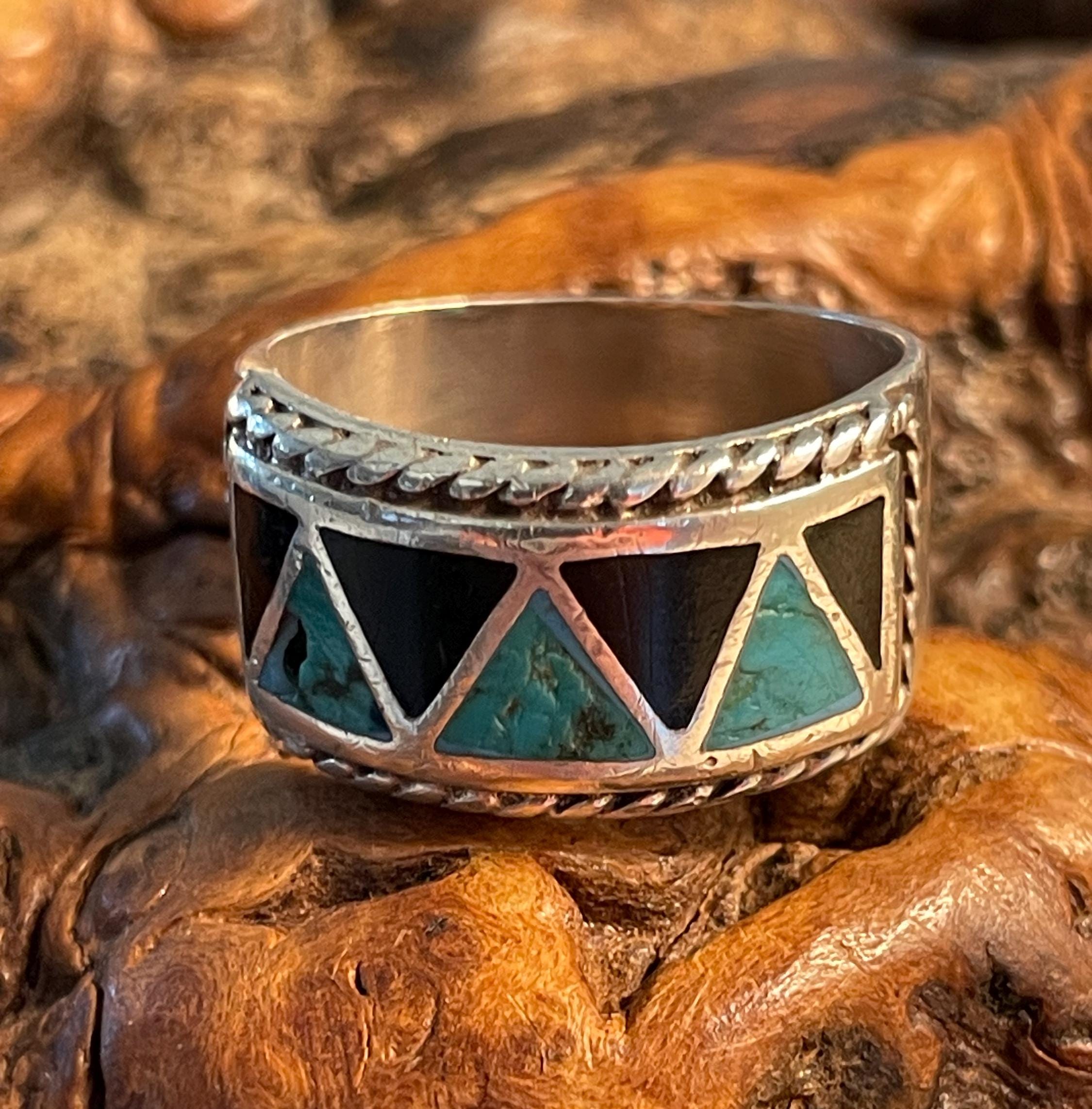 Vintage Navajo Sterling Silver Turquoise and Black Onyx Inlay Band Ring Size 9