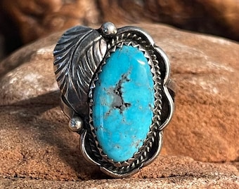 Vintage Sterling Silver and Turquoise Squash Leaf Ring Size 6.5