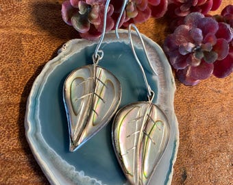 Vintage Taxco Mexico Sterling Silver and Abalone Inlay Leaf Dangle Earrings