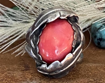 Vintage Sterling Silver and Red Coral Cabochon Ring Size 5.