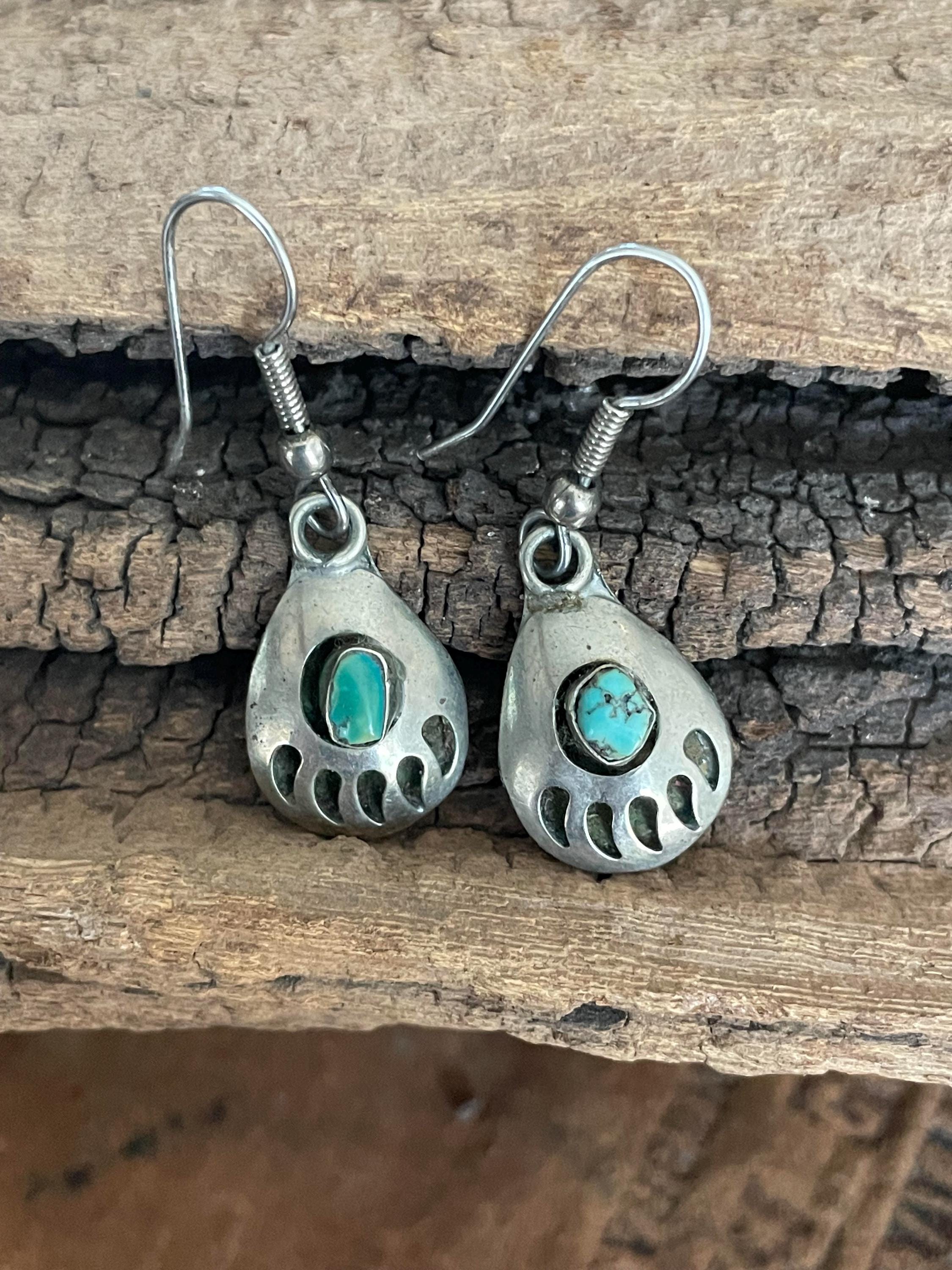 Vintage Sterling Silver Navajo Shadow Box Bear Paw Turquoise Dangle ...