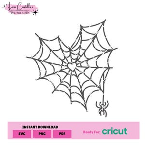 May include: A black and white line drawing of a spider web in the shape of a heart with a spider hanging from the bottom. The web has a small heart in the center.  Ready For: Cricut