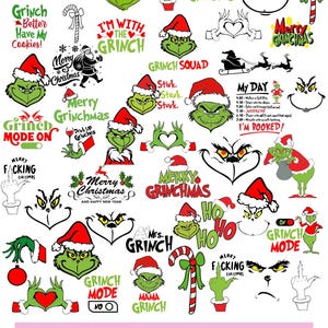 May include: A digital download graphic sheet with Grinch-themed Christmas designs. The sheet includes images of the Grinch wearing Santa hats, text such as "Grinch Mode On," and phrases like "Merry Grinchmas." Formats include SVG, PNG, PDF, and JPG.