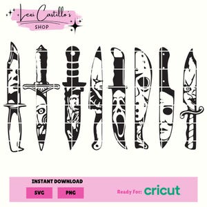 Può includere: Una collezione di otto disegni di coltelli in bianco e nero, ognuno con una forma di lama e un manico unici. I disegni presentano volti e personaggi. L'immagine include il testo "INSTANT DOWNLOAD" e "Ready For: cricut".