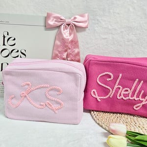 Personalized Waffle Travel Cosmetic Bag ,Custom Handmake Embroidered Bag,Bridesmaid Gift,Gift for Her,Graduation Gift,Eco-Friendly Material