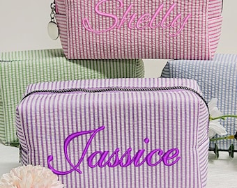 Personalized Seersucker Makeup Bag: Embroidered Cosmetic Travel Organizer
