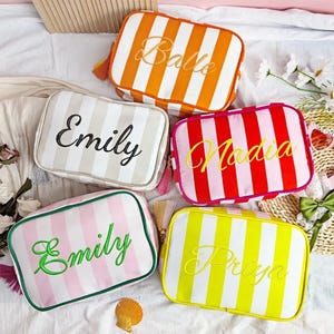 Embroidered Monogram Makeup Bag: Striped Canvas Personalized Cosmetic Bag