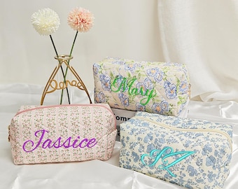 Personalized Floral Makeup Bag: Embroidered Cotton Cosmetic Travel Pouch