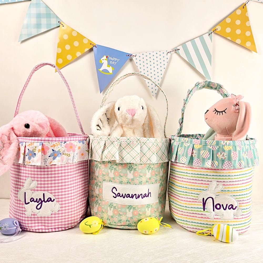 Personalized Easter Basket For Kids - Embroidered Pink, Blue, Green Gift Bags