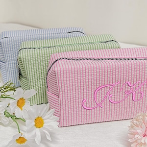 Bridesmaid Gifts,Personalized Seersucker Makeup Bag,Custom Embroidered Cosmetic Bag, Bridal Shower Gift,Travel Makeup Bag,Mother&#39;s Day Gifts