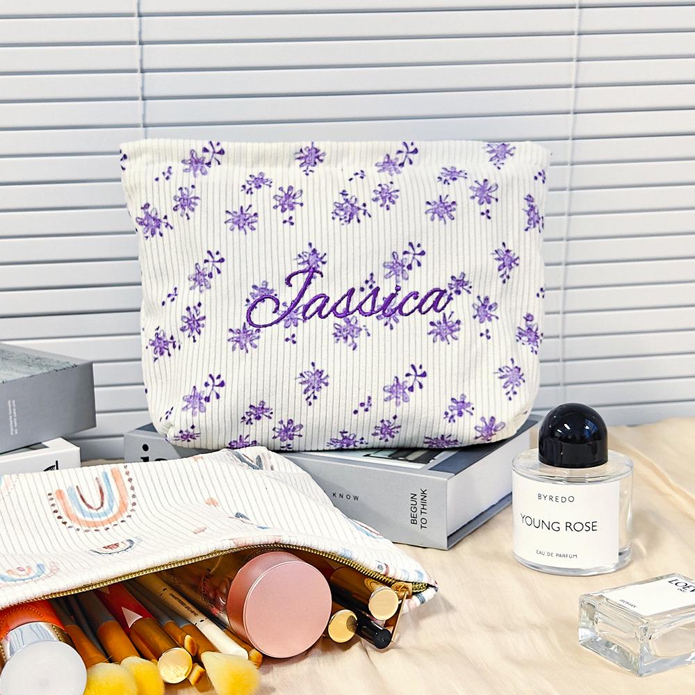 Personalized Floral Corduroy Makeup Bag: Embroidered Cosmetic Pouch