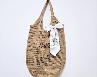 Personalized Raffia Beach Bag,Custom Name Bridesmaid Gift, Bachelorette Party Favor,Woven StrawTote Bag for Summer Vacation,Graduation Gift