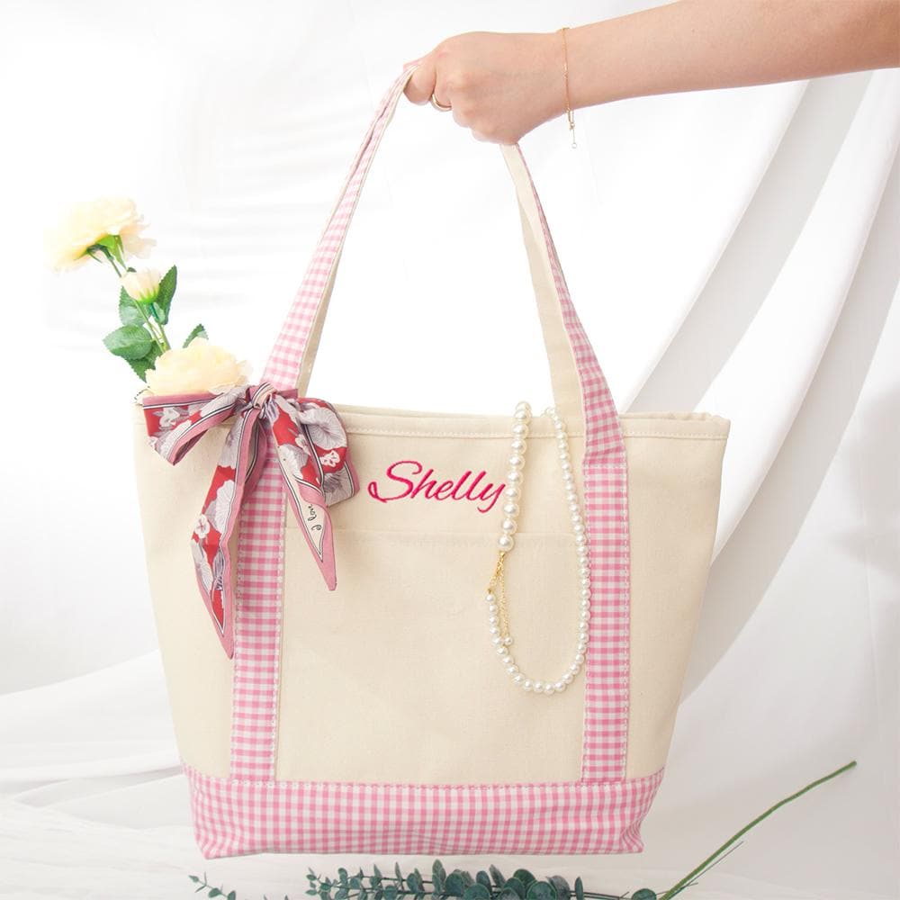 Custom Canvas Plaid Tote Bag with Scarf,Personalized Cute Tote Bag,Gift for Her,Graduation Gift,Birdemaid's Gift,Embroidered Name Totes Bag