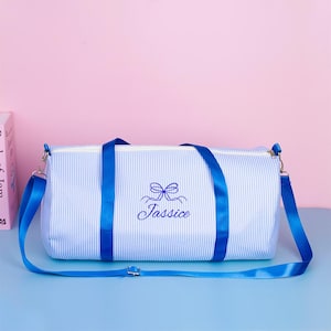 Personalized Toddler Dance Bag for Girls,Custom Name Seersucker Weekender Duffel,Design with Ballet Shoes & Bow,Perfect for Ballet Class