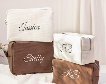 Personalized Embroidered Waffle Makeup Bag: Custom Travel Toiletry Bag
