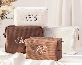 Personalized Waffle Cosmetic Bag: Embroidered Monogram, Eco-Friendly