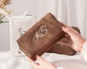 Personalized Waffle Cosmetic Bag: Embroidered Monogram Eco-Friendly Toiletry Bag