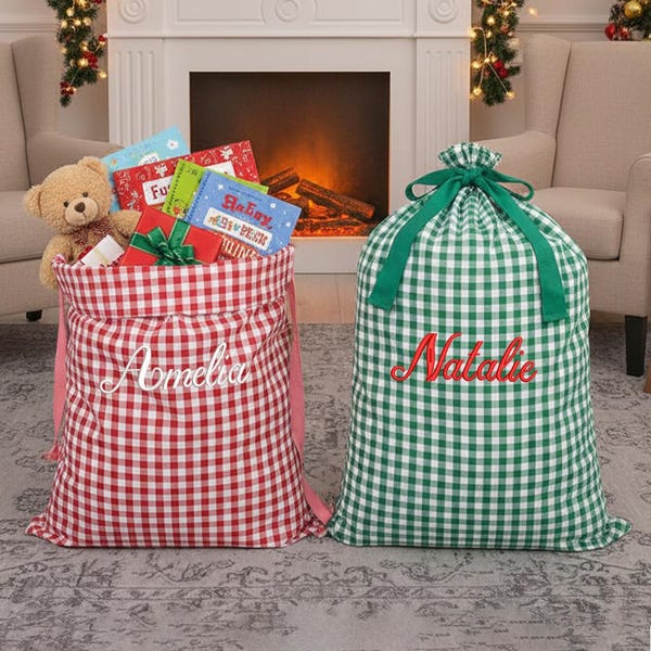 Personalized Tartan Christmas Gift Backpack, Embroidered Cotton Plaid Sack (50x70cm)