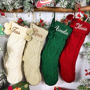 Personalized Embroidered Christmas Stocking: Cable Knit with Fur Pom Pom