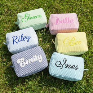 Embroidered Seersucker Makeup Bag: Custom Monogrammed Cosmetic Travel Bag