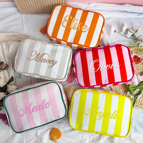 Embroidered Monogram Makeup Bag: Striped Canvas Personalized Cosmetic Bag