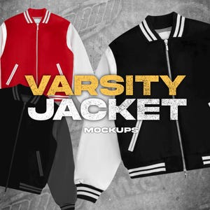 May include: Two varsity jackets, one red with white sleeves and one black with white sleeves. The jackets have a zip fastening and white stripes on the collar and cuffs. The text "VARSITY JACKET MOCKUPS" is displayed in yellow on a distressed grey background.