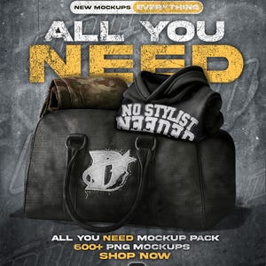 Può includere: Immagine promozionale per un pacchetto mockup. Presenta una borsa da viaggio nera con un logo bianco, una felpa con cappuccio nera con testo bianco e abbigliamento con motivo mimetico. Il testo recita "ALL YOU NEED" in giallo e bianco.
