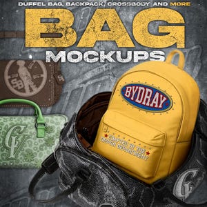 May include: A promotional image showcasing bag mockups. The image features a yellow backpack with the text "BYDRAY" and "CRAFTED BY THE DESIGN DEPARTMENT". A duffel bag and a green handbag are also visible, along with the text "BAG MOCKUPS".