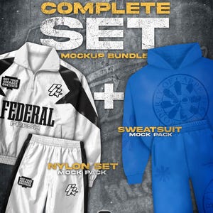 May include: A mockup bundle featuring a white and black nylon set and a blue sweatsuit. The nylon set includes a jacket and pants with the text "FEDERAL FRESH". The blue sweatsuit has a hoodie and pants with a graphic print.