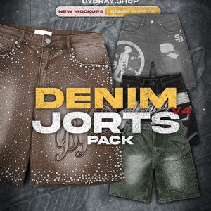 Pode incluir: Um conjunto de calções de ganga em vários estilos e lavagens. Os calções incluem um par castanho com aplicações de strass, um par cinzento com uma estampa gráfica e um par verde com um aspeto desbotado. As palavras "DENIM SHORTS PACK" são exibidas em negrito.