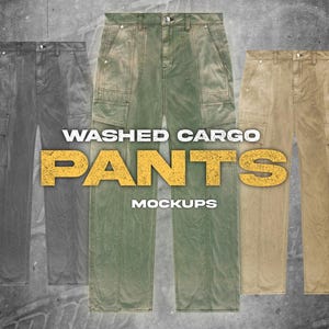May include: Three pairs of washed cargo pants in different colors: gray, green, and beige. The pants have multiple pockets and a relaxed fit. The text "WASHED CARGO PANTS MOCKUPS" is displayed on the image.