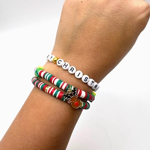 Weihnachtsperlen Armband-Set | Handgemachte Rot, Grün, und Weiß Urlaub Charm Armbänder