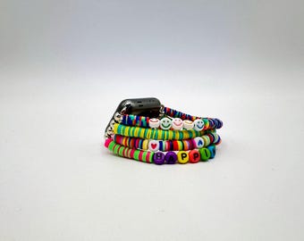 Rainbow Heishi Beaded Apple Watch Band: Smiley Face Charm Bracelet