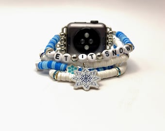 Let It Snow Beaded Apple Watch Band | Blue and White Winter Charm Bracelet Strap